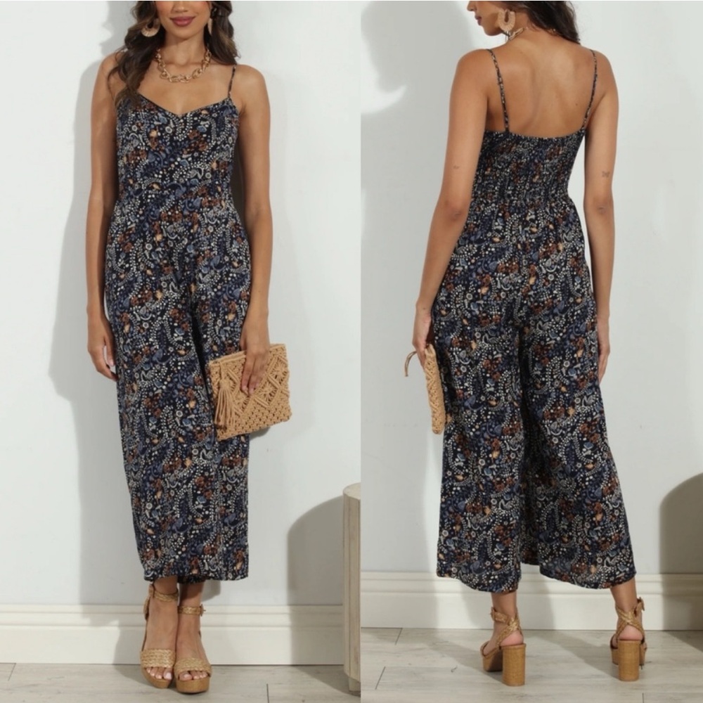 Roan + Ryan Blue Paisley Sleeveless Adjustable Strap Jumpsuit